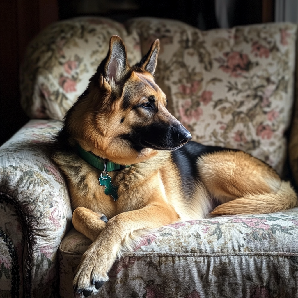 Un perro sentado en un sofá | Fuente: Midjourney