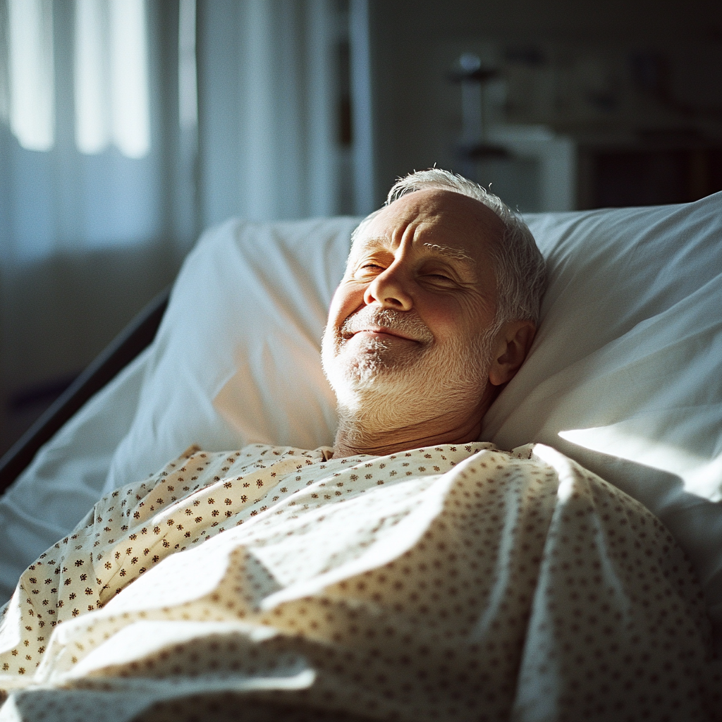 Un hombre sonriendo en la cama de un hospital | Fuente: Midjourney