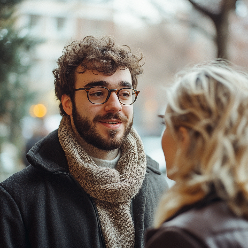 Un hombre y una mujer hablando | Fuente: Midjourney