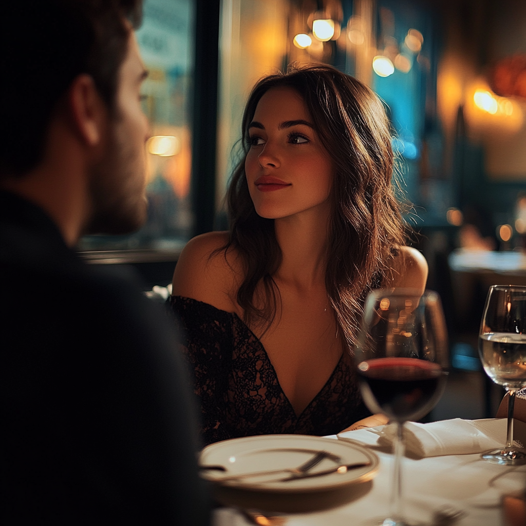 Hombre y mujer manteniendo una conversación delicada durante la cena | Fuente: Midjourney