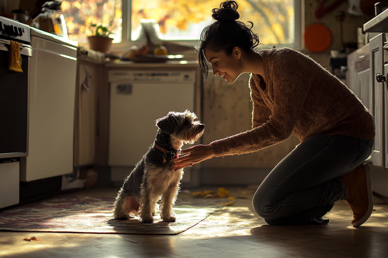 Una mujer acariciando a un perro en la cocina | Fuente: Midjourney