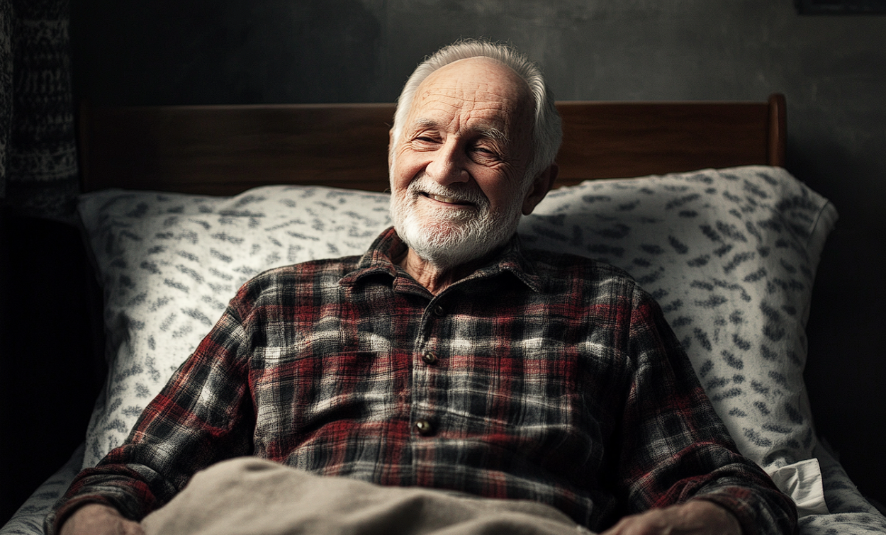 Un anciano sonriente en una cama | Fuente: Midjourney