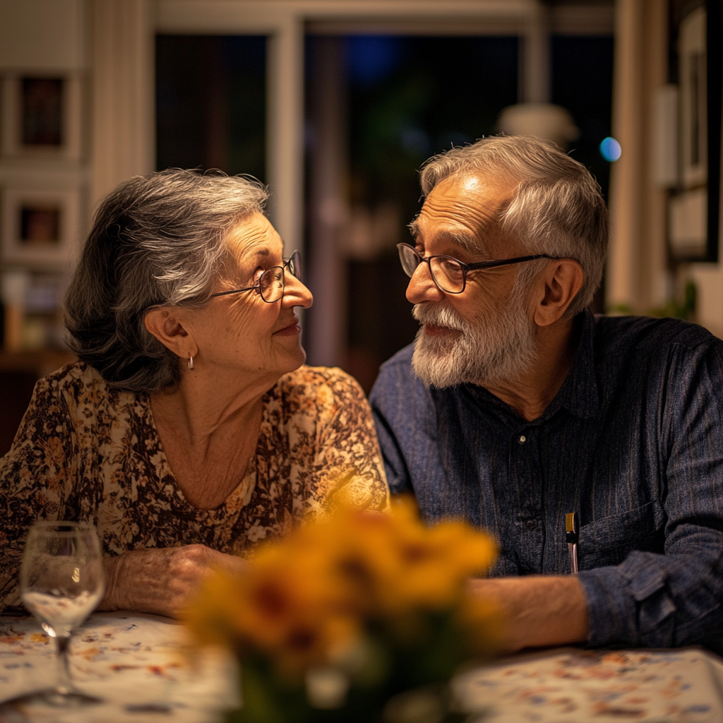 Pareja de ancianos manteniendo una conversación | Fuente: Midjourney