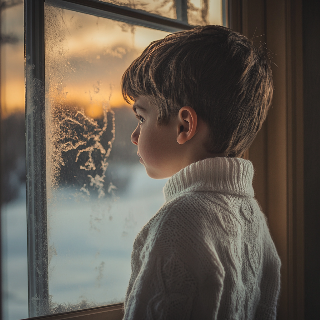 Un niño triste junto a la ventana | Fuente: Midjourney