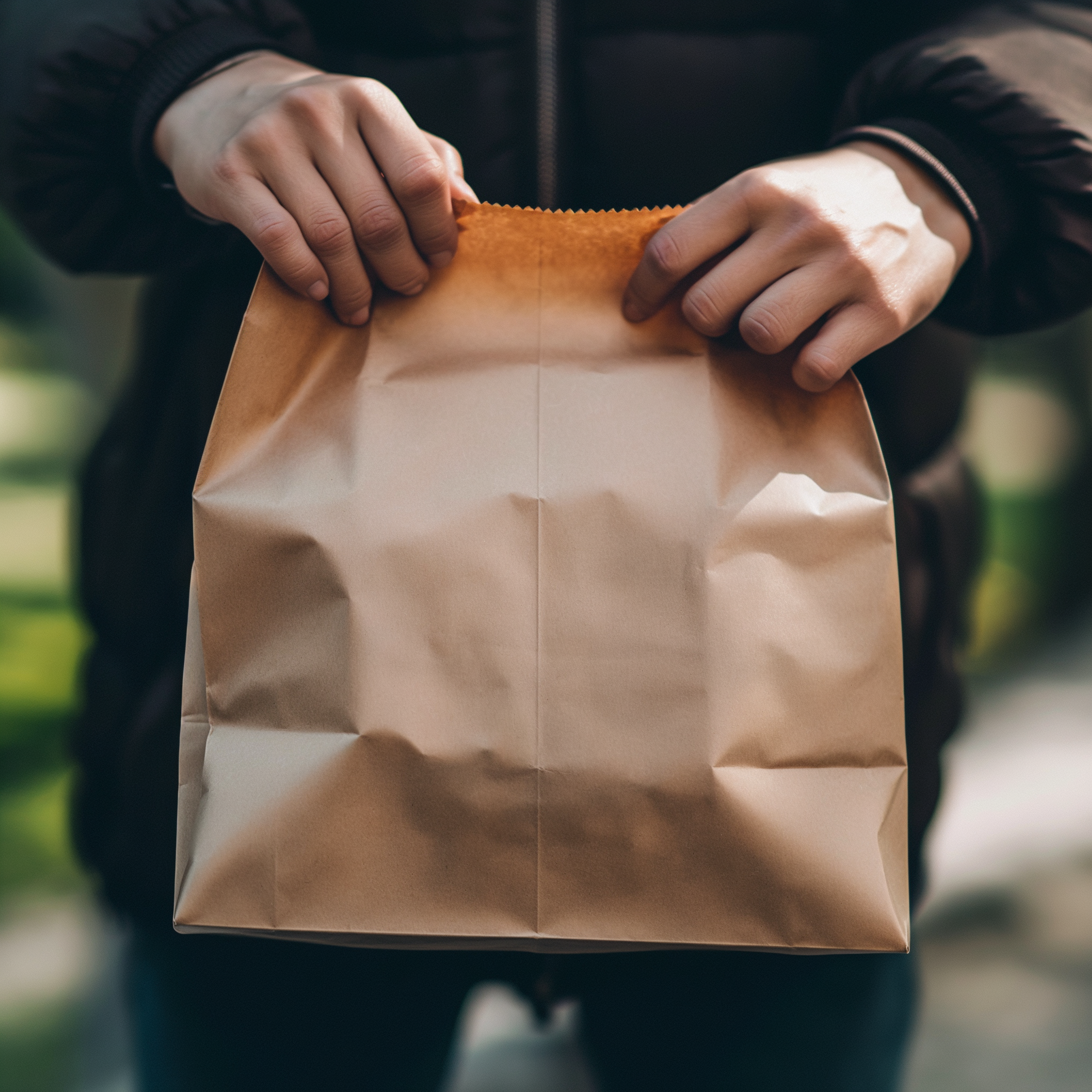 Una persona con una bolsa de comida en la mano | Fuente: Midjourney