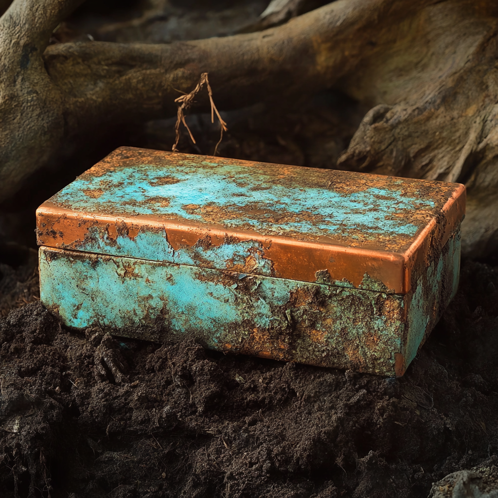 Una vieja caja de cobre desenterrada del suelo | Fuente: Midjourney