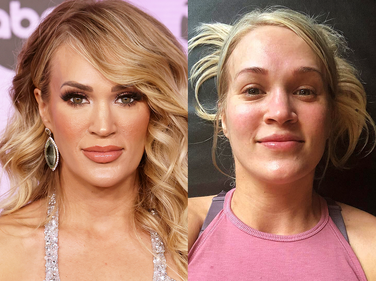 Carrie Underwood con maquillaje vs sin maquillaje | Fuente: Getty Images | Instagram/carrieunderwood