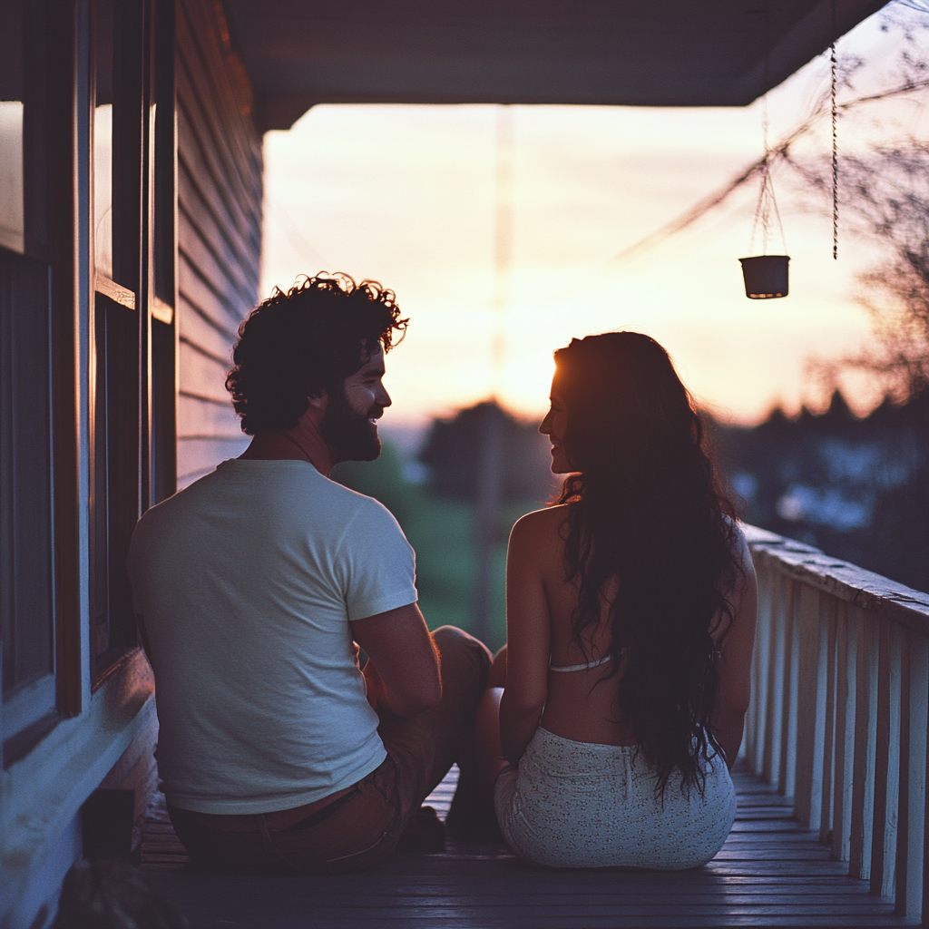 Una pareja feliz sentada en el porche | Fuente: Midjourney