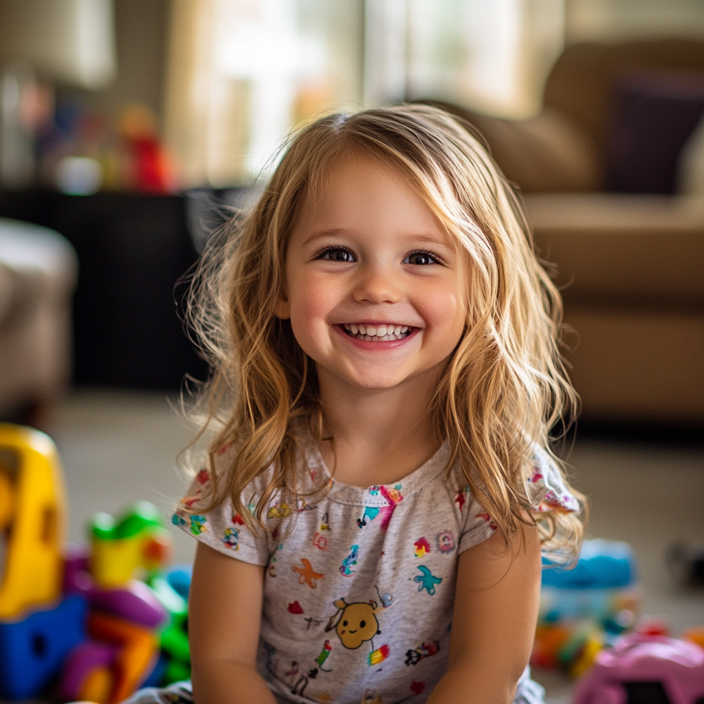 Una niña sonriente rodeada de sus juguetes en el salón | Fuente: Midjourney