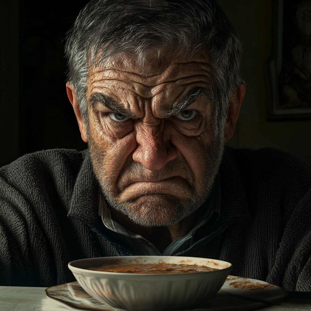 Un anciano gruñón sentado a la mesa del comedor con un tazón de sopa de tomate | Fuente: Midjourney