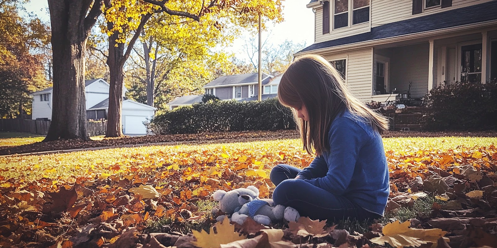 Una niña sentada fuera de una casa. | Fuente: Midjourney