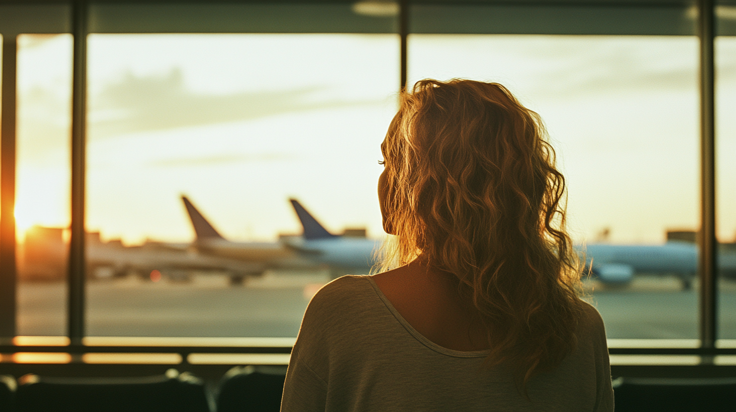 Mujer mirando los aviones por la ventanilla del aeropuerto | Foto: Midjourney