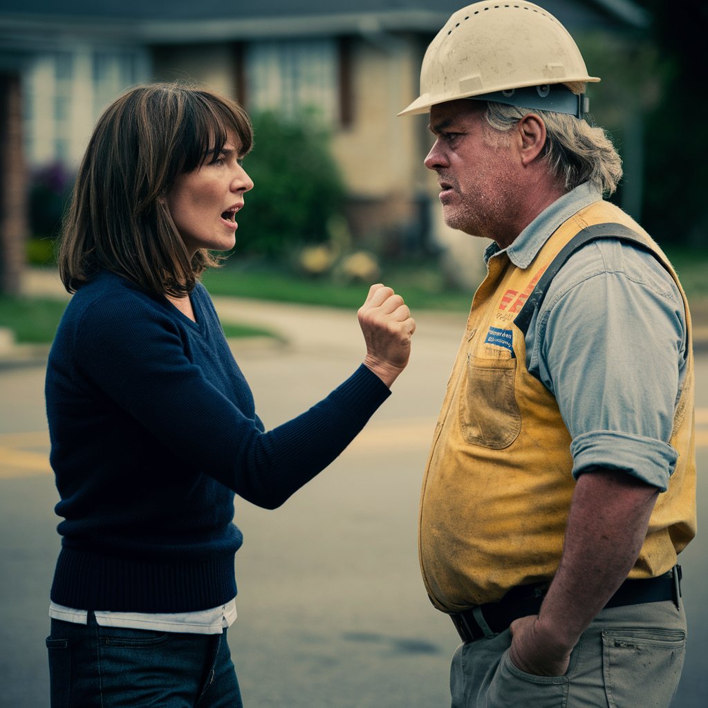 Una mujer discute con un trabajador de la construcción en el exterior de una vivienda | Fuente: Midjourney