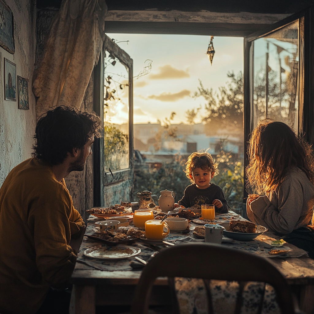 Familia joven desayunando | Fuente: Midjourney