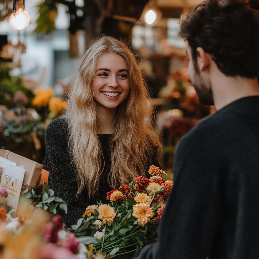 Una mujer hablando con un hombre en una floristería | Fuente: Midjourney