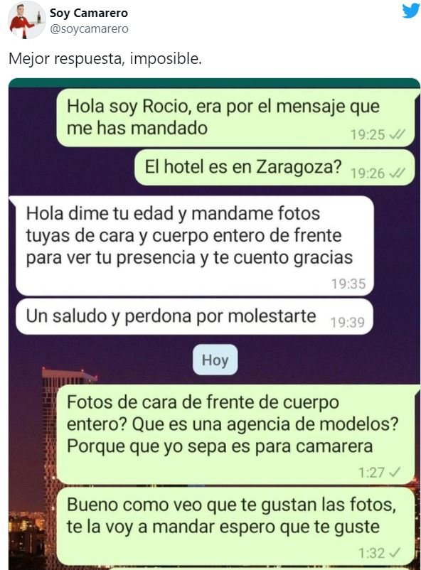 Captura de pantalla de la conversación de Rocío. | Foto: Twitter/@soycamarero.