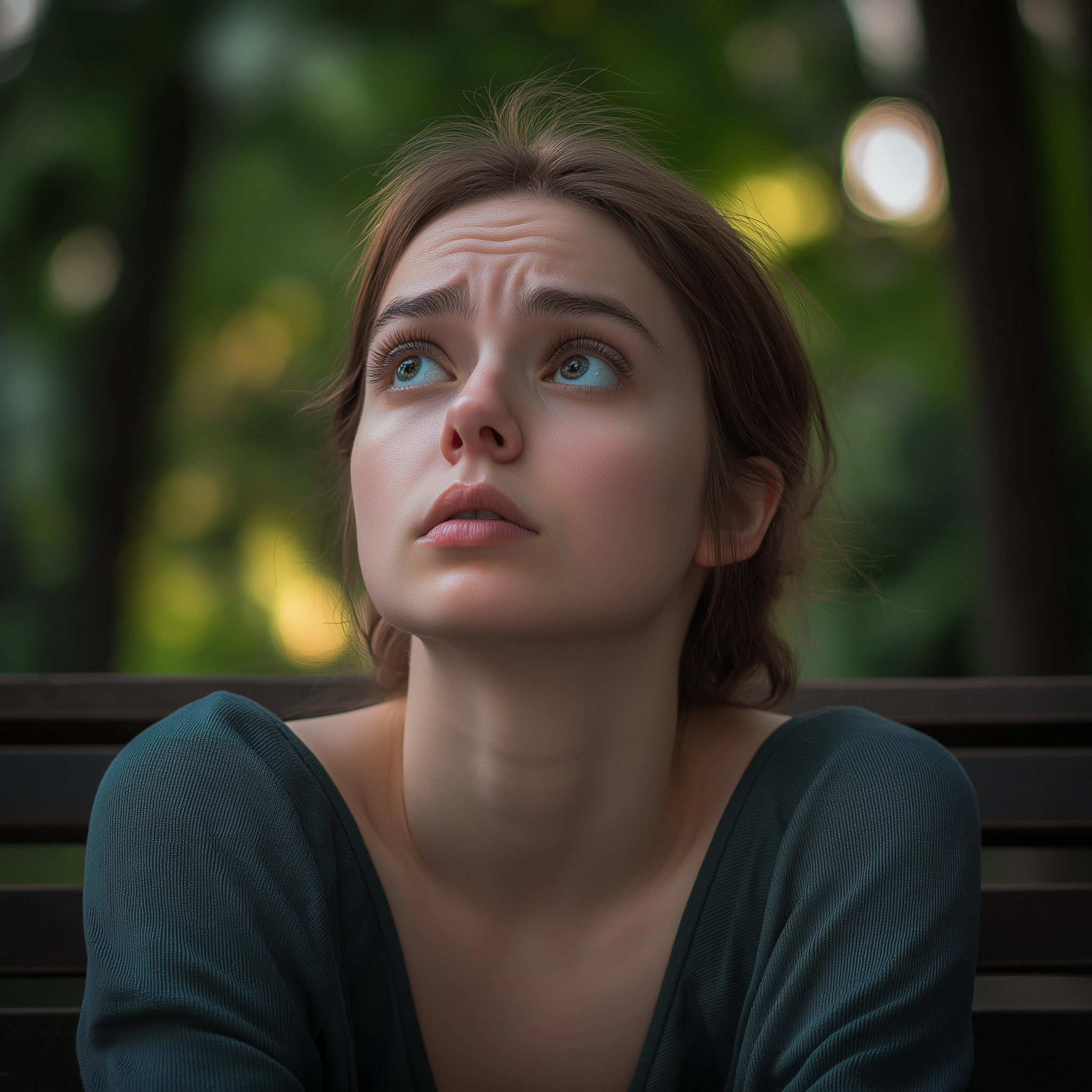 Una mujer con cara de preocupación y emoción sentada en un banco de un parque | Fuente: Midjourney