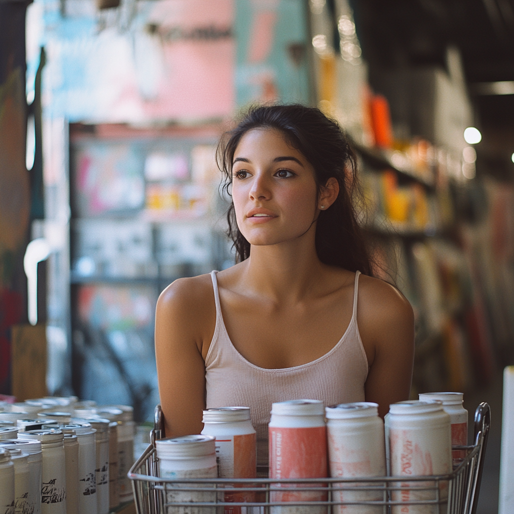 Una mujer con botes de pintura | Fuente: Midjourney