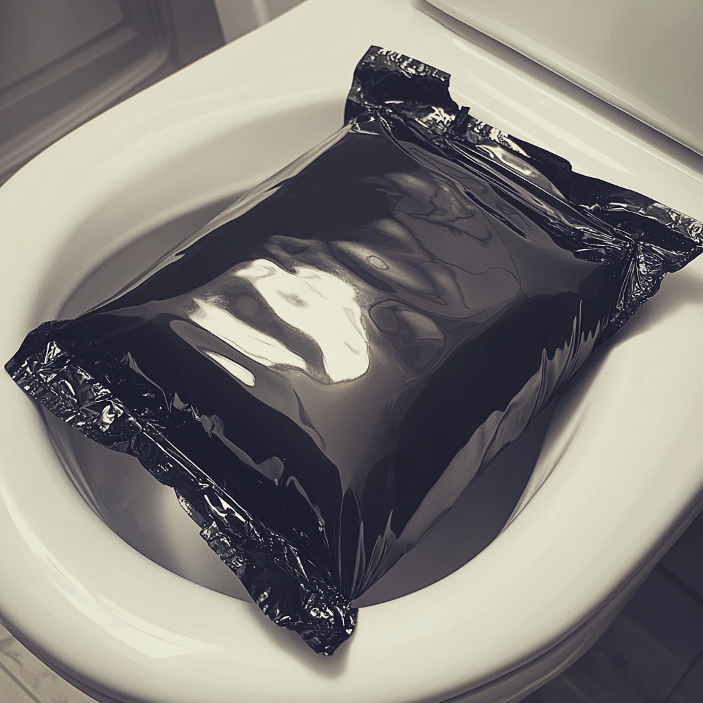 Un paquete sellado al vacío colocado en el asiento de un inodoro. | Fuente: Midjourney