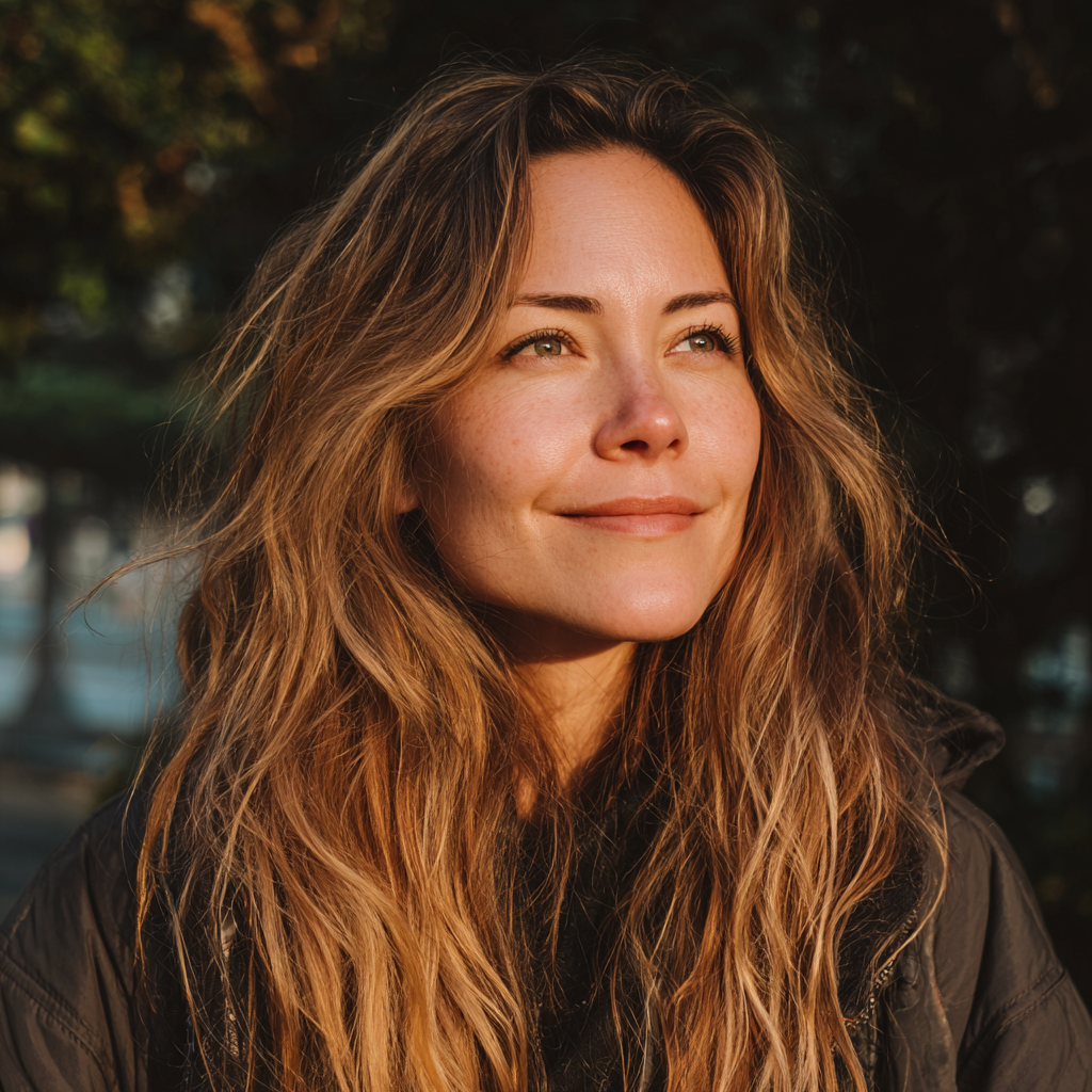 Una mujer sonriente de pie afuera | Fuente: Midjourney