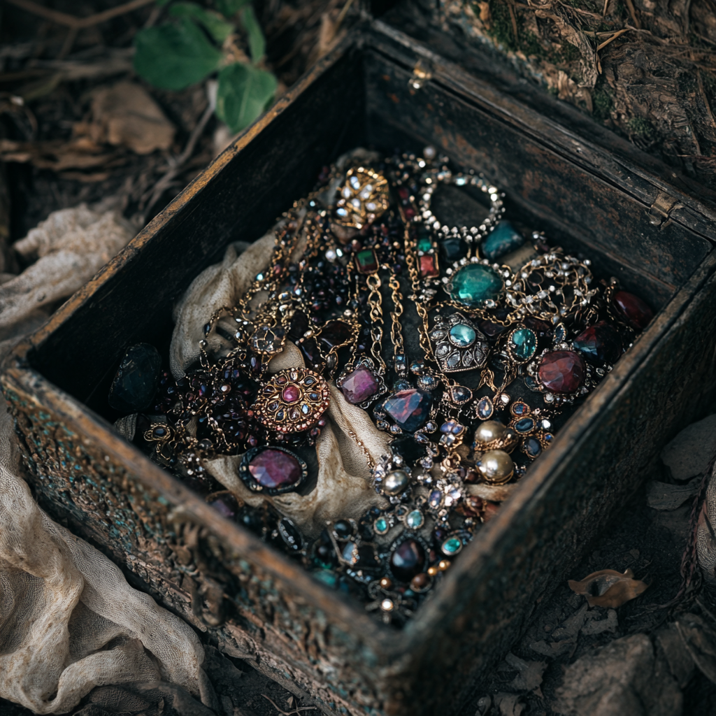 Primer plano de una vieja caja metálica con objetos de joyería tirada en un jardín | Fuente: Midjourney