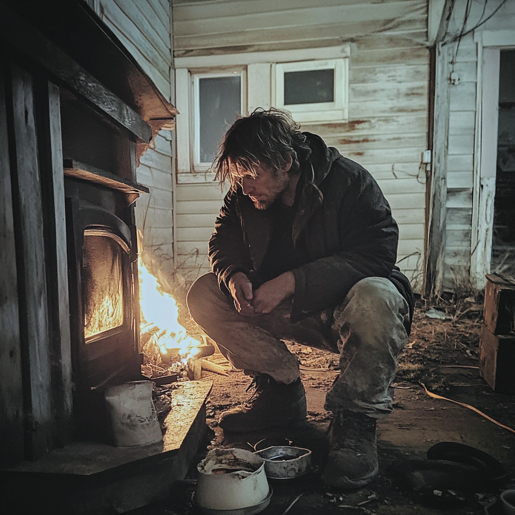 Un hombre encorvado junto a una chimenea | Fuente: Midjourney