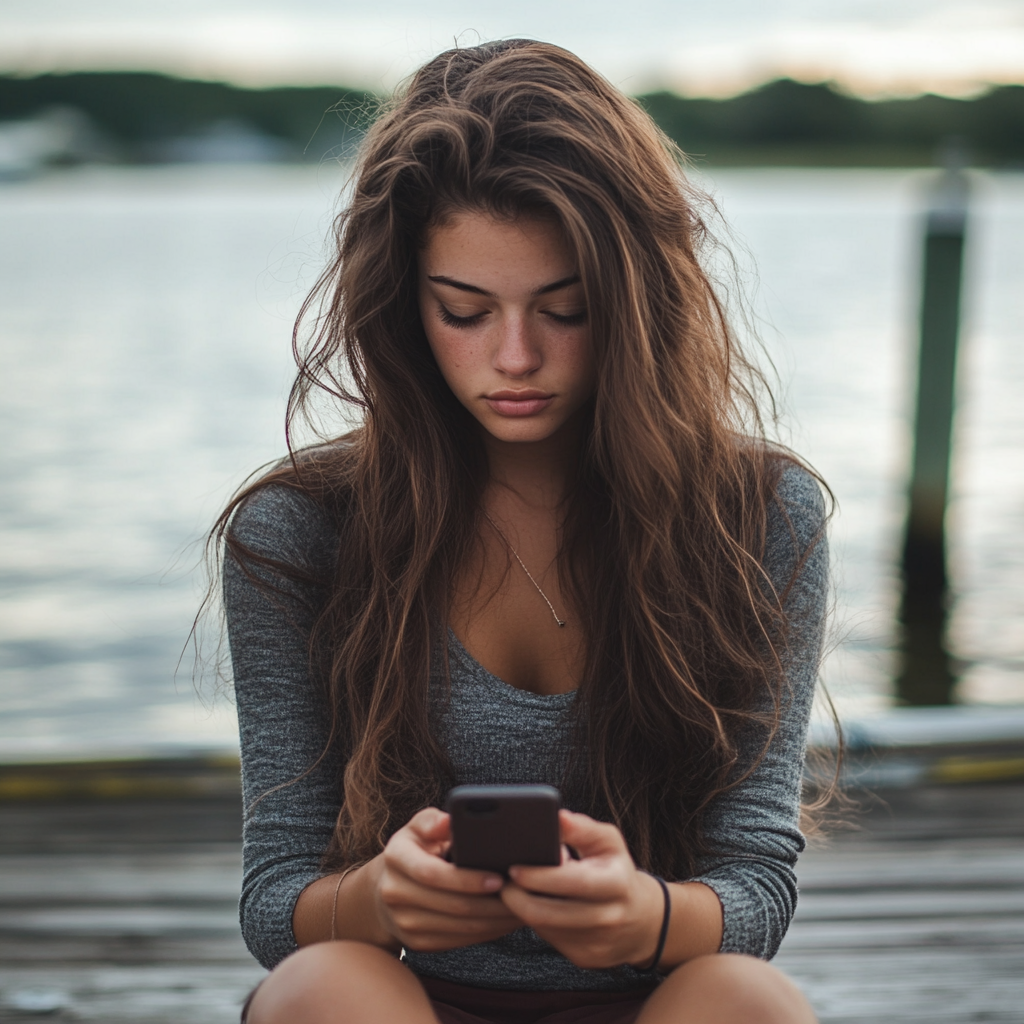 Una mujer sentada en un muelle y tecleando | Fuente: Midjourney