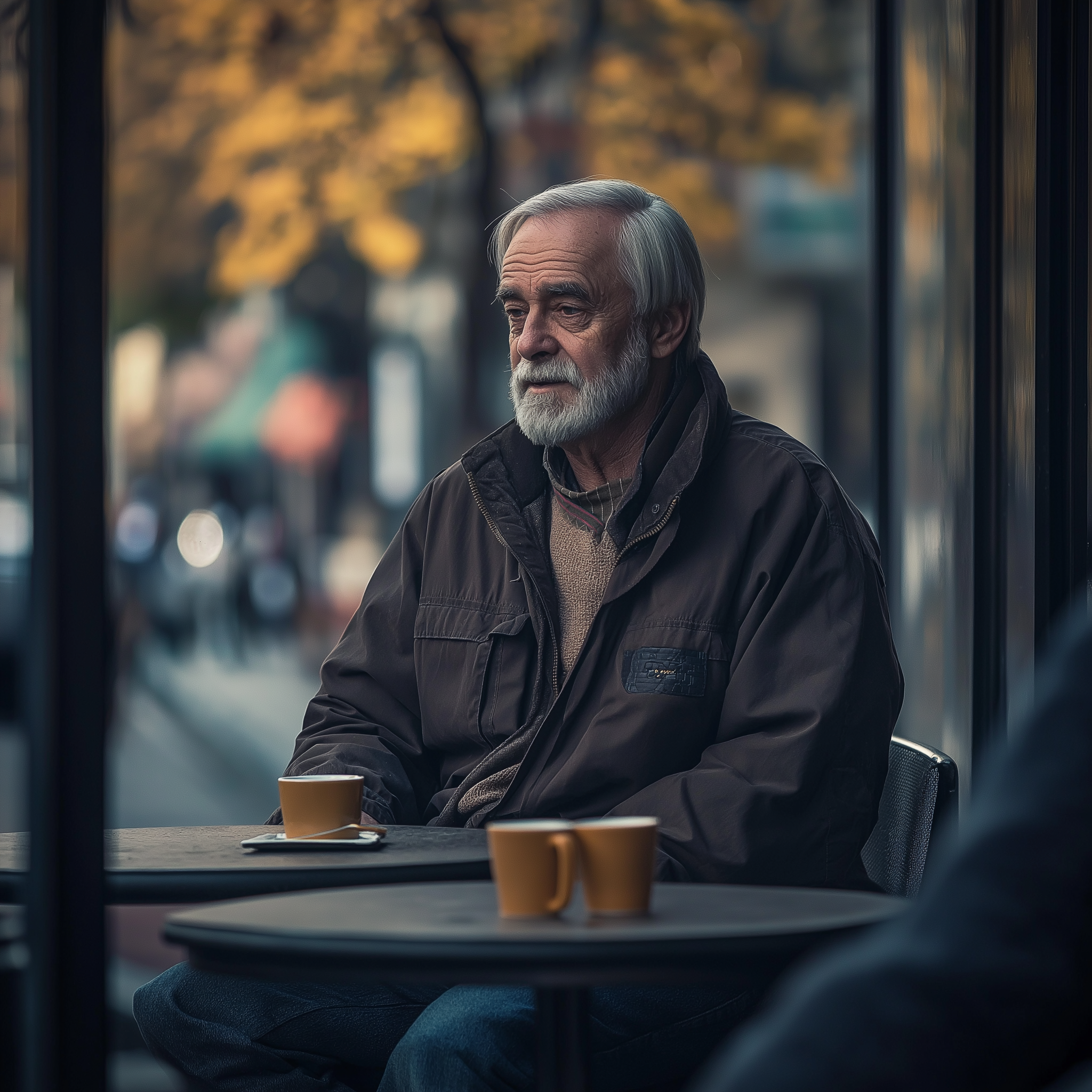 Un anciano está sentado en un café y mira a alguien | Fuente: Midjourney