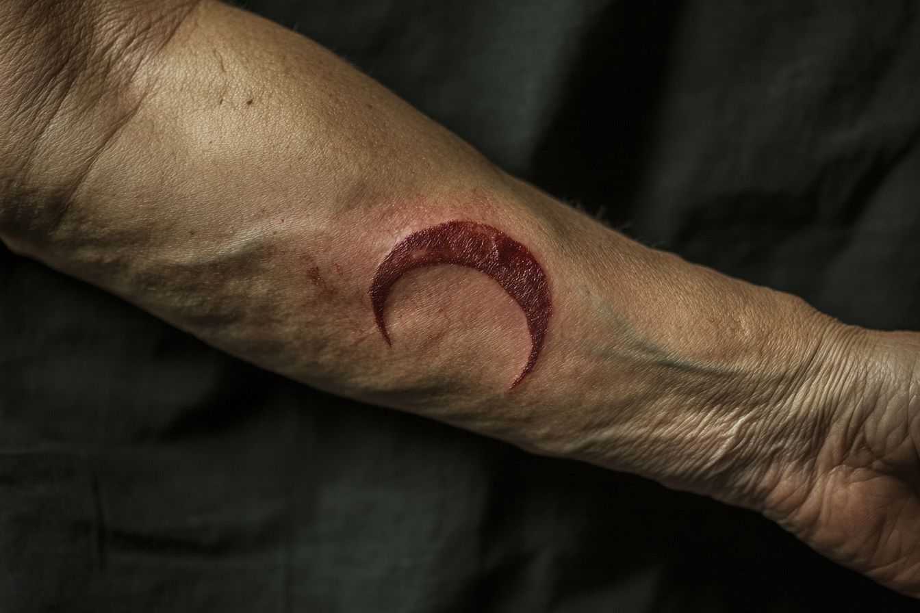 Una cicatriz roja en forma de media luna en el brazo de una mujer | Fuente: Midjourney