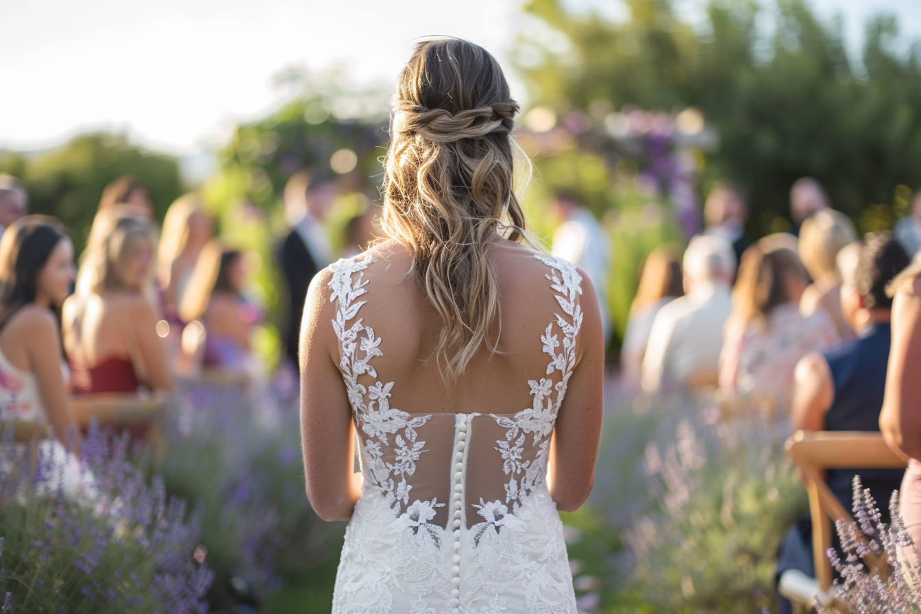 Una mujer con un vestido de novia blanco entrando en el lugar de la boda | Fuente: Midjourney