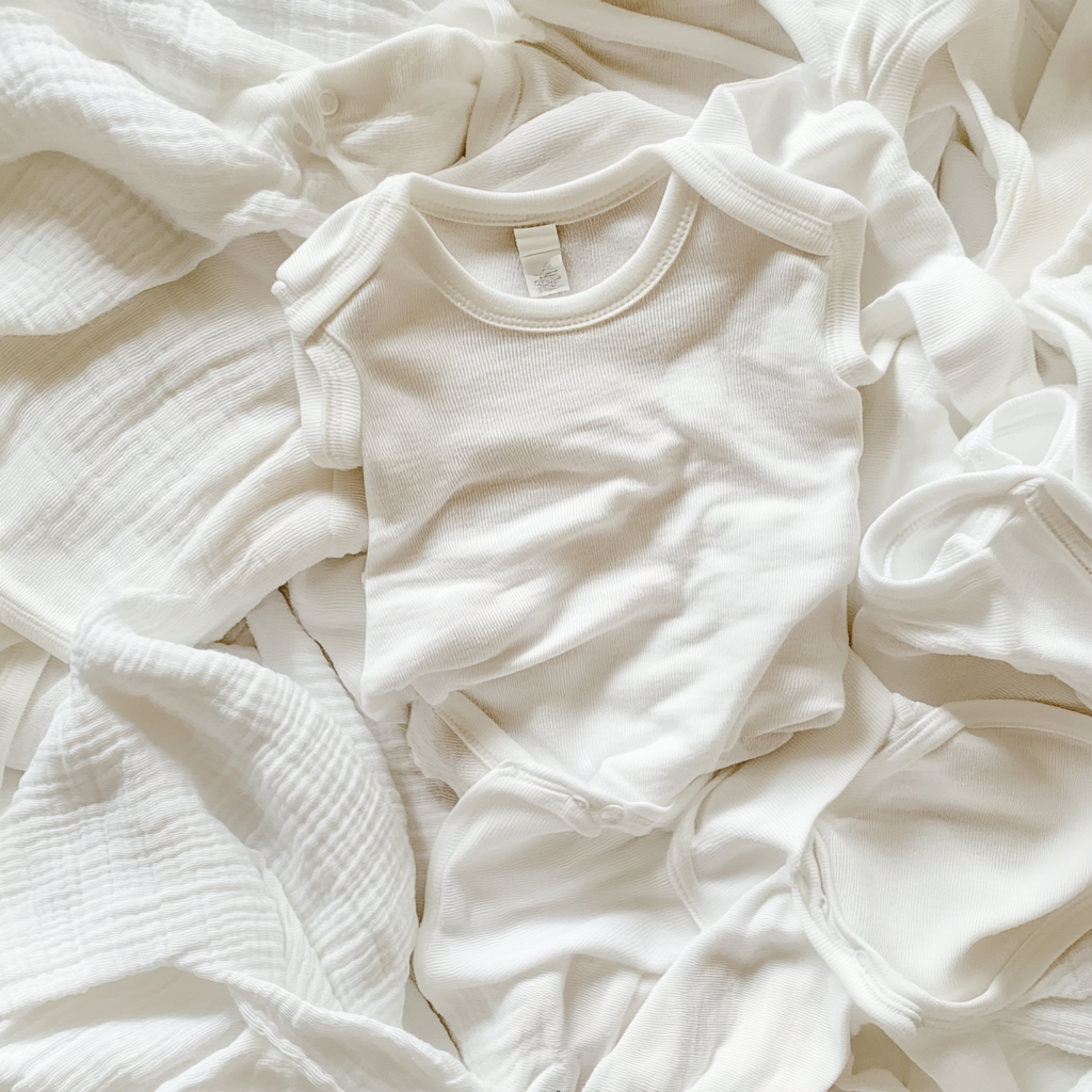Un montón de ropa blanca de bebé | Fuente: Midjourney