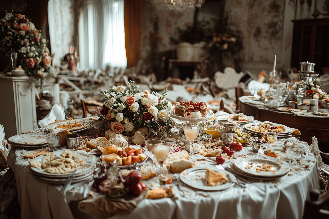 Lugar de la boda destrozado: mesas volcadas, decoración arruinada | Fuente: Midjourney