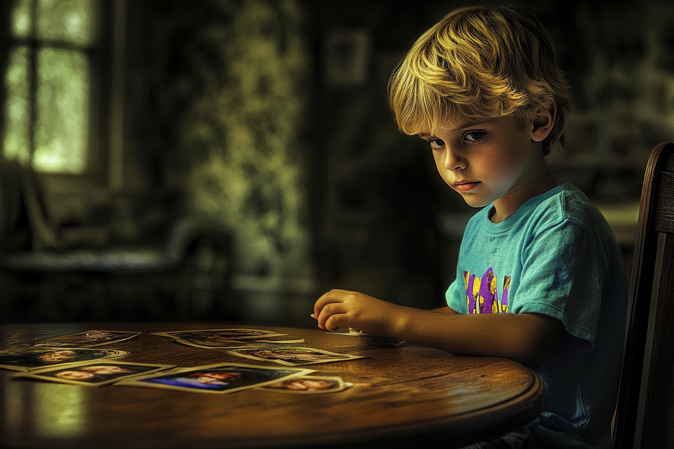 Un niño sentado ante una mesa llena de fotos | Fuente: Midjourney