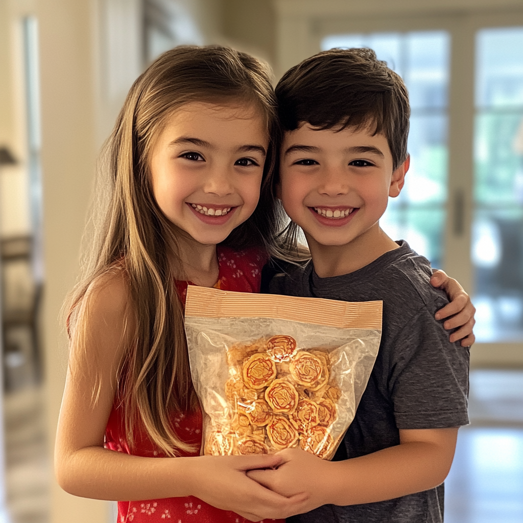 Niños con una bolsa de galletas de la suerte | Fuente: Midjourney