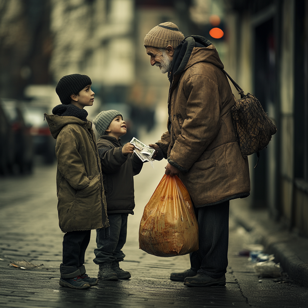 Un hombre dando dinero a dos niños | Fuente: Midjourney