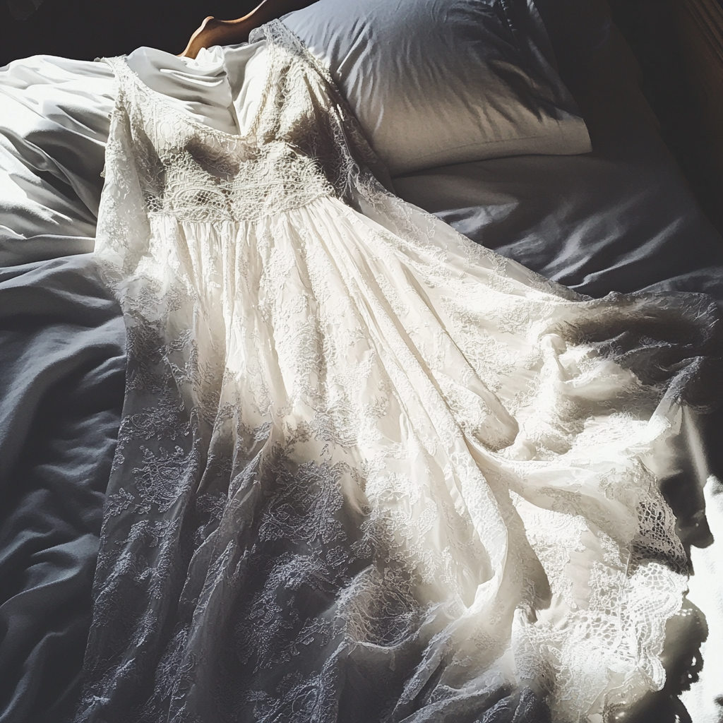 Un vestido de novia sobre una cama | Fuente: Midjourney