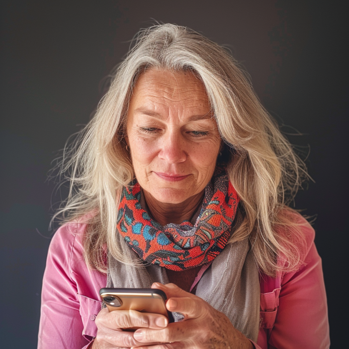 Una mujer de mediana edad enviando mensajes de texto con su smartphone | Fuente: Midjourney
