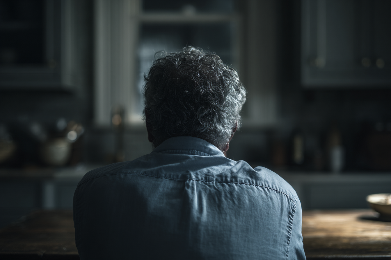 Un hombre sentado en una cocina | Fuente: Midjourney