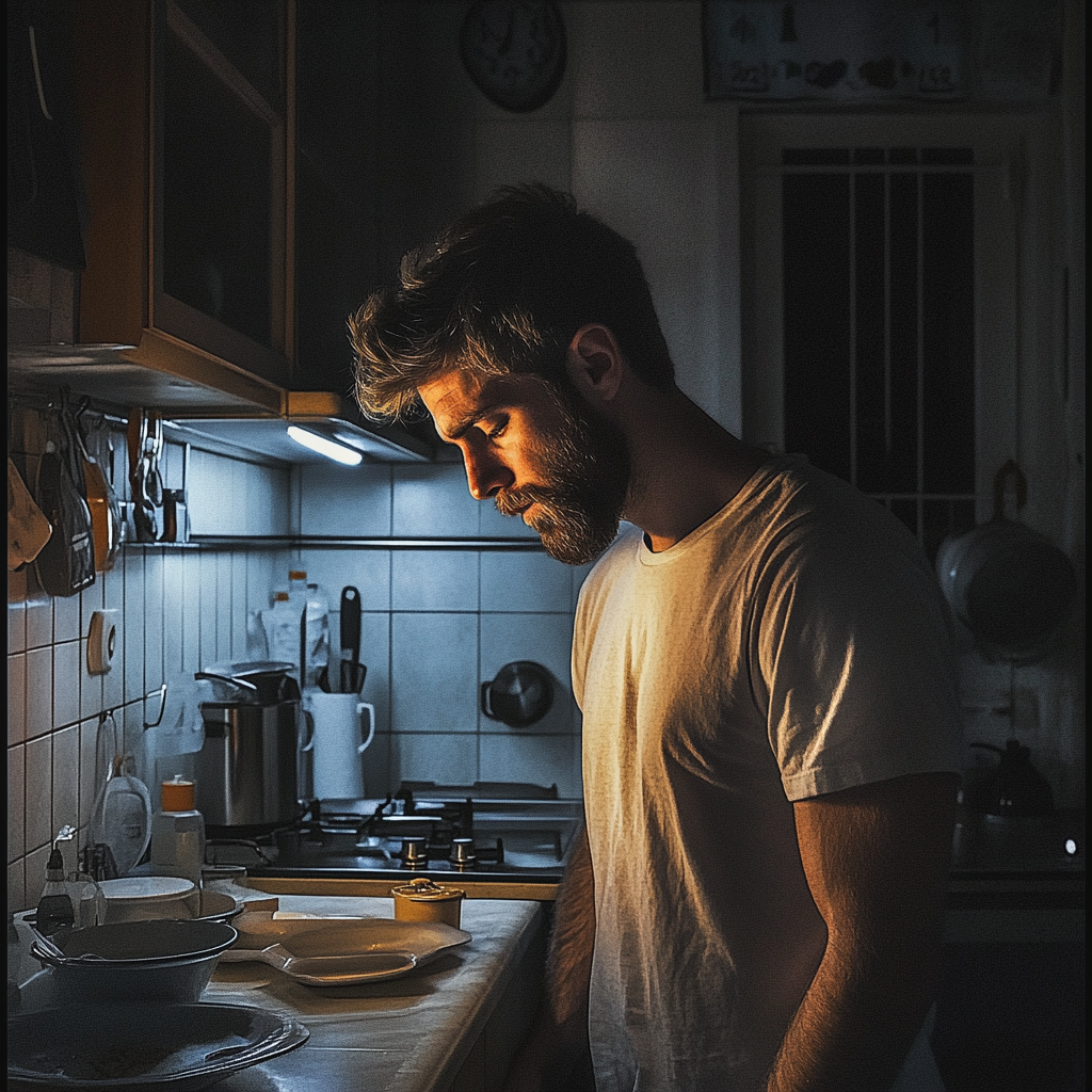 Un hombre triste en la cocina | Fuente: Midjourney