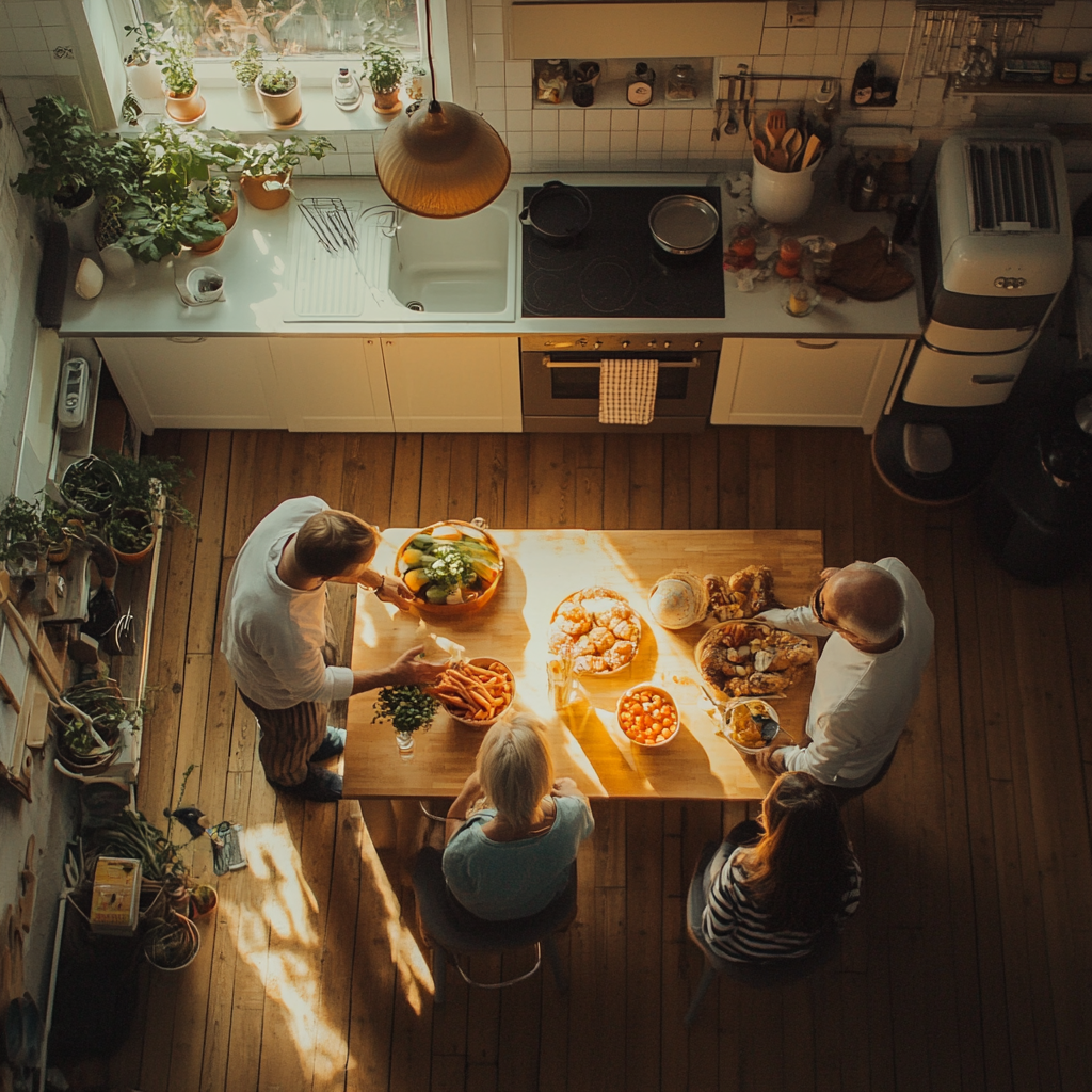 Familia poniendo la cena en la mesa | Fuente: Midjourney