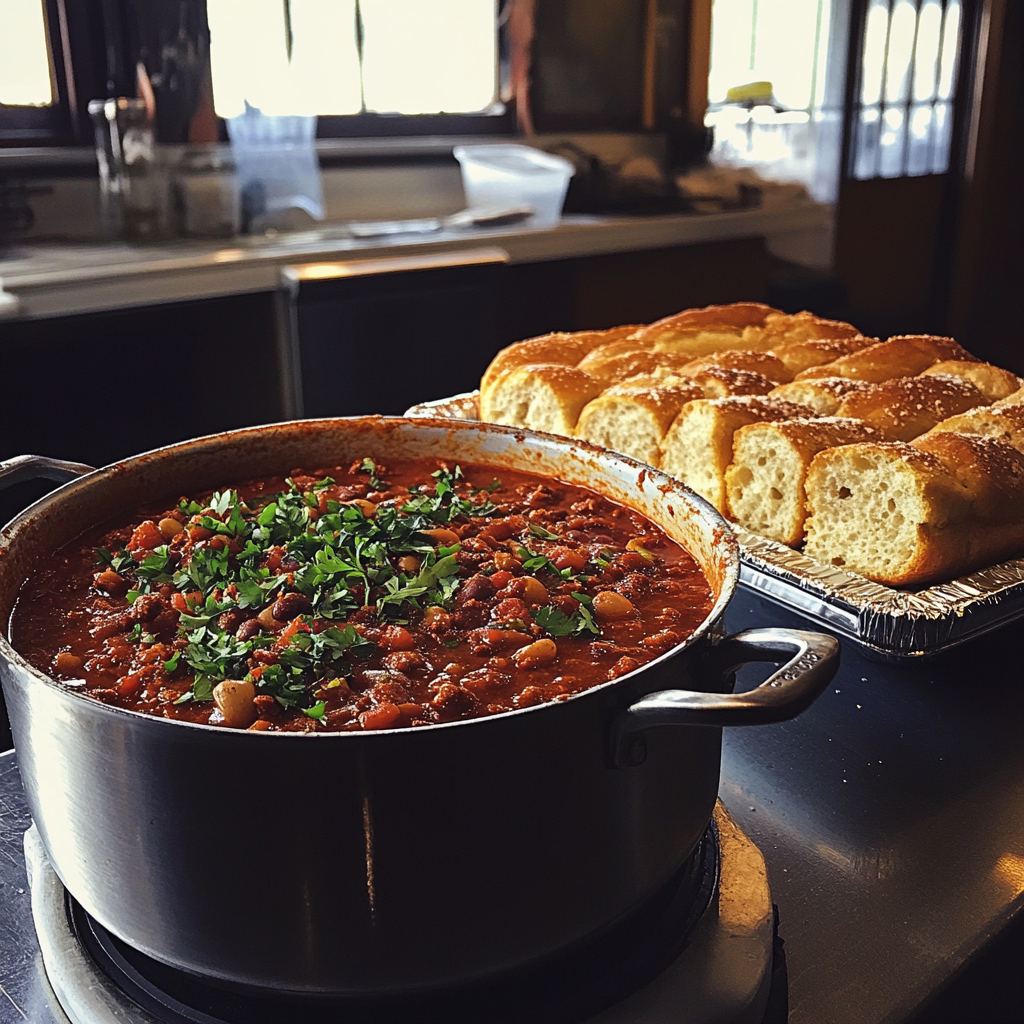 Una olla de chili y una bandeja de pan de ajo | Fuente: Midjourney