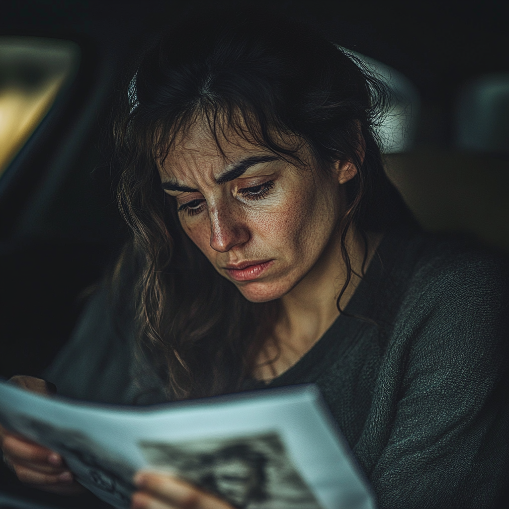 Una mujer emocionada sentada en su automóvil, conmocionada mientras mira un dibujo | Fuente: Midjourney