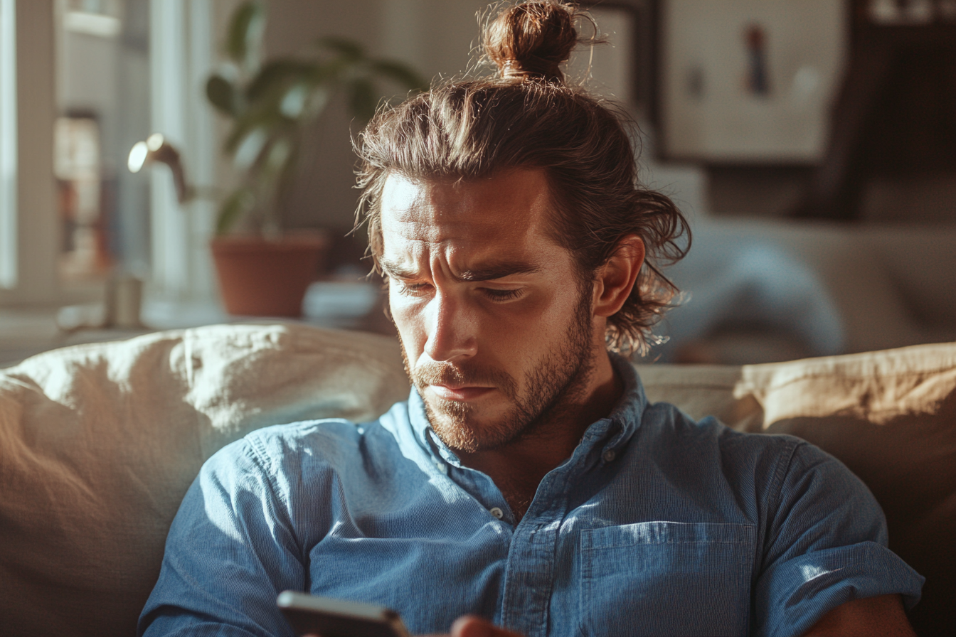 Un hombre mira su teléfono en el sofá de su salón | Fuente: Midjourney