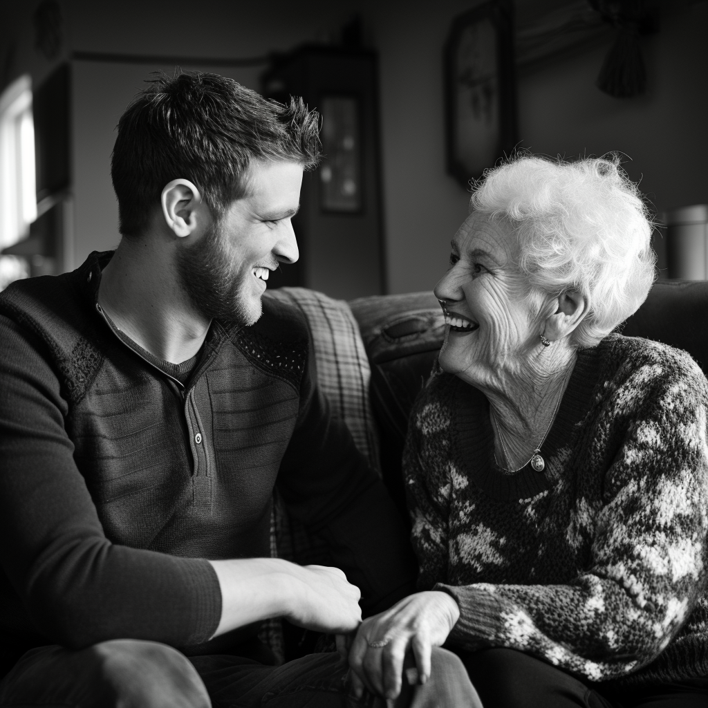 Un hombre charlando con su abuela en casa | Fuente: Midjourney
