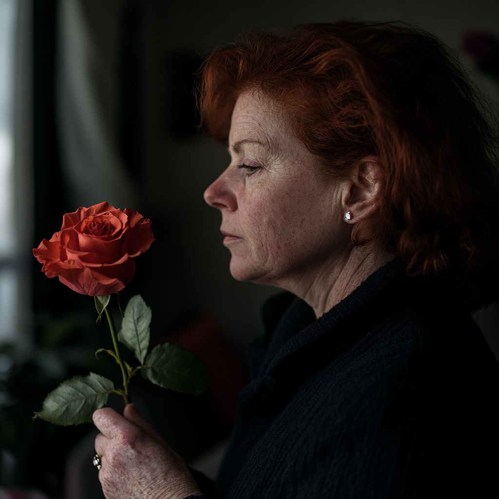 Una mujer nerviosa mirando una rosa | Fuente: Midjourney