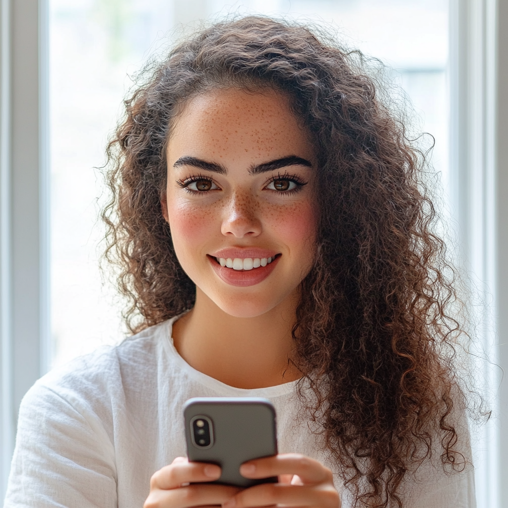 Una mujer alegre sosteniendo su teléfono | Fuente: Midjourney