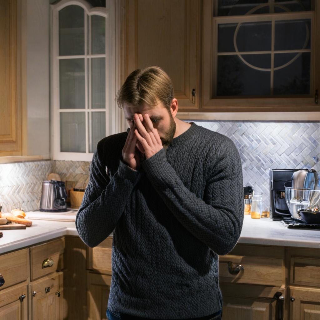 Un hombre en una cocina llevándose las manos a la cara | Fuente: Midjourney