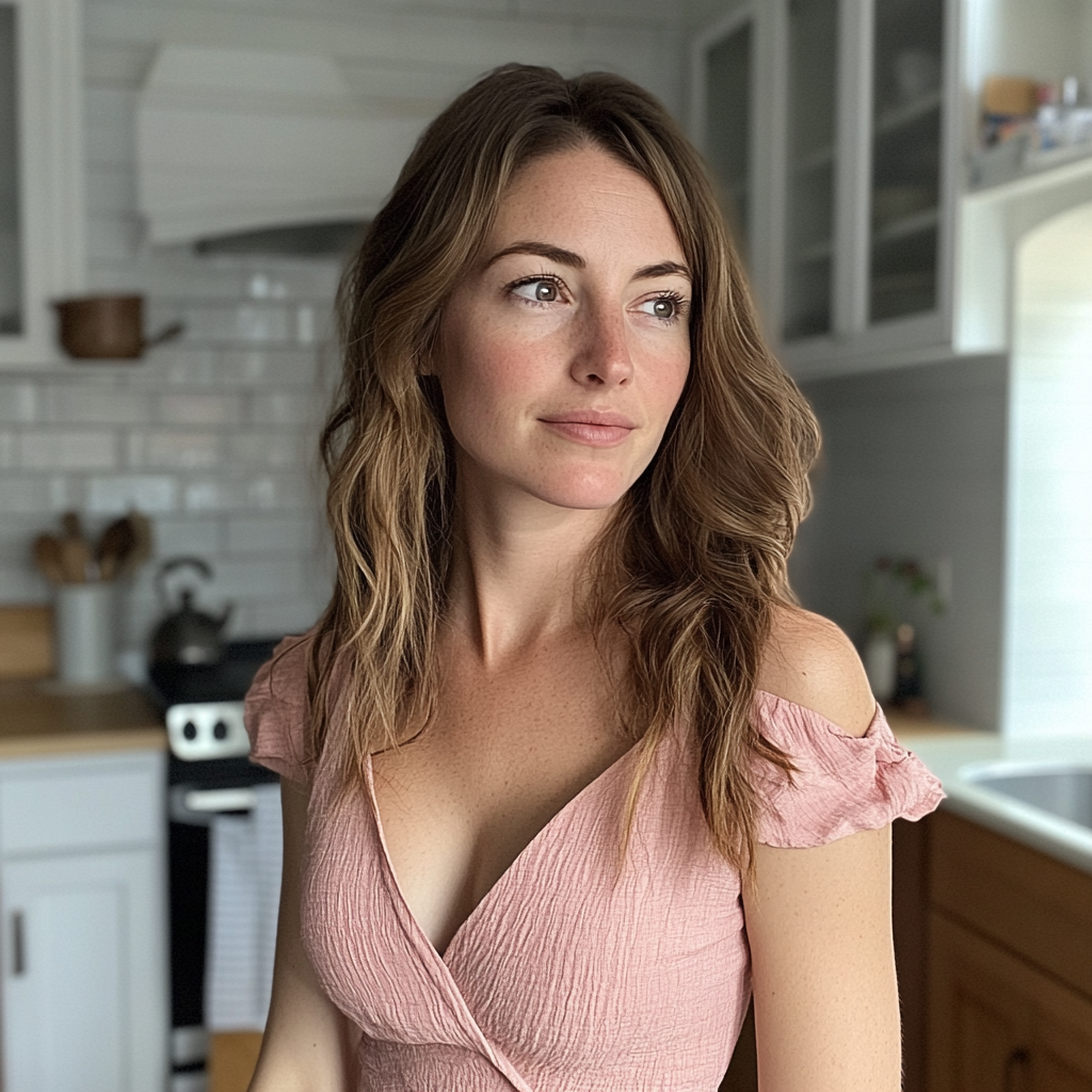 Una mujer sonriente de pie en una cocina | Fuente: Midjourney