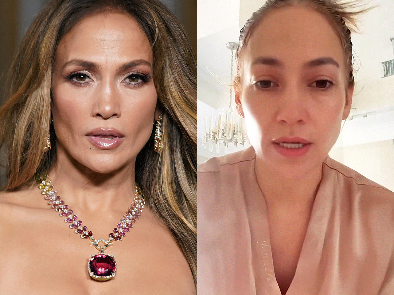 Jennifer Lopez con maquillaje vs sin maquillaje | Fuente: Getty Images | Instagram/jlo