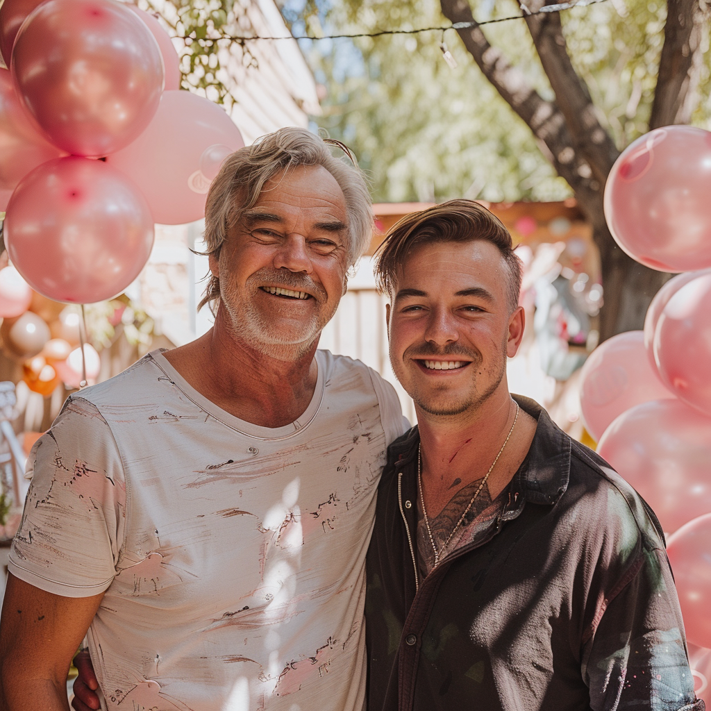 Un sonriente dúo padre-hijo en una fiesta de revelación de género | Fuente: Midjourney